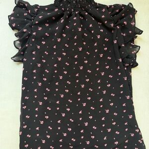 1 State Black Floral Ruffle Sleeve Blouse with Pink Ditsy Print